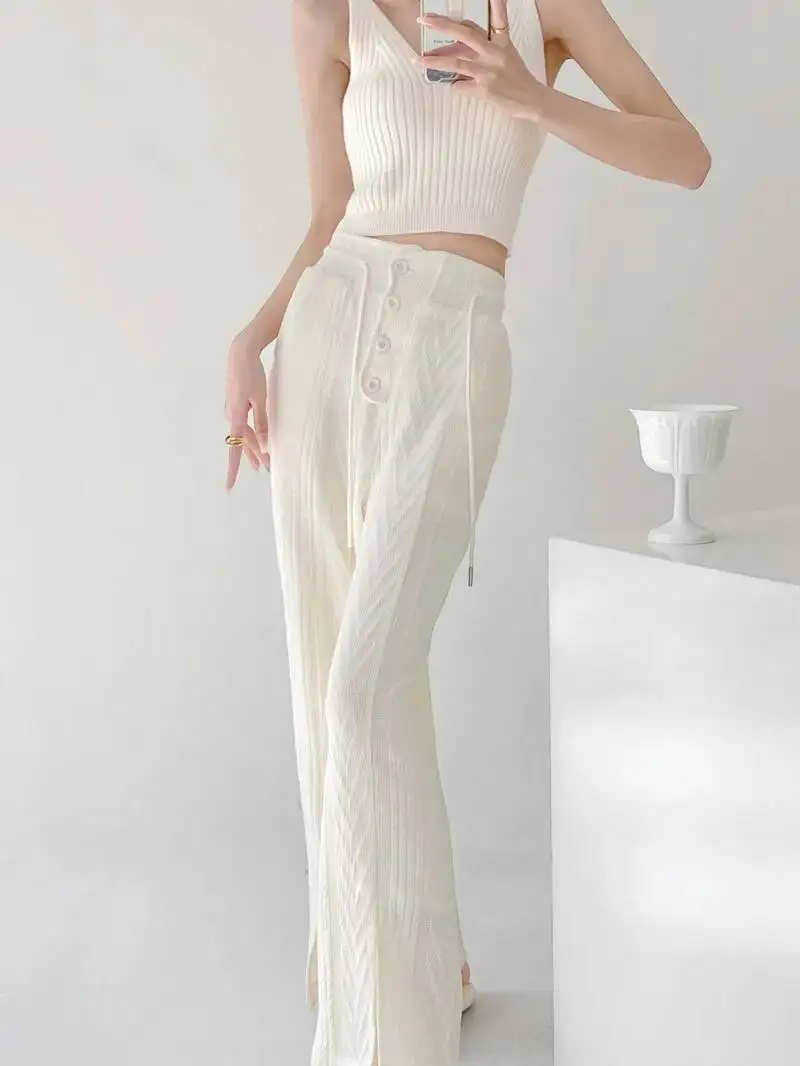 

Женские летние повседневные брюки Sweet Design Sense Fried Dough Twists Split Knitted с высокой талией, свободные, прямого кроя, 3M3R