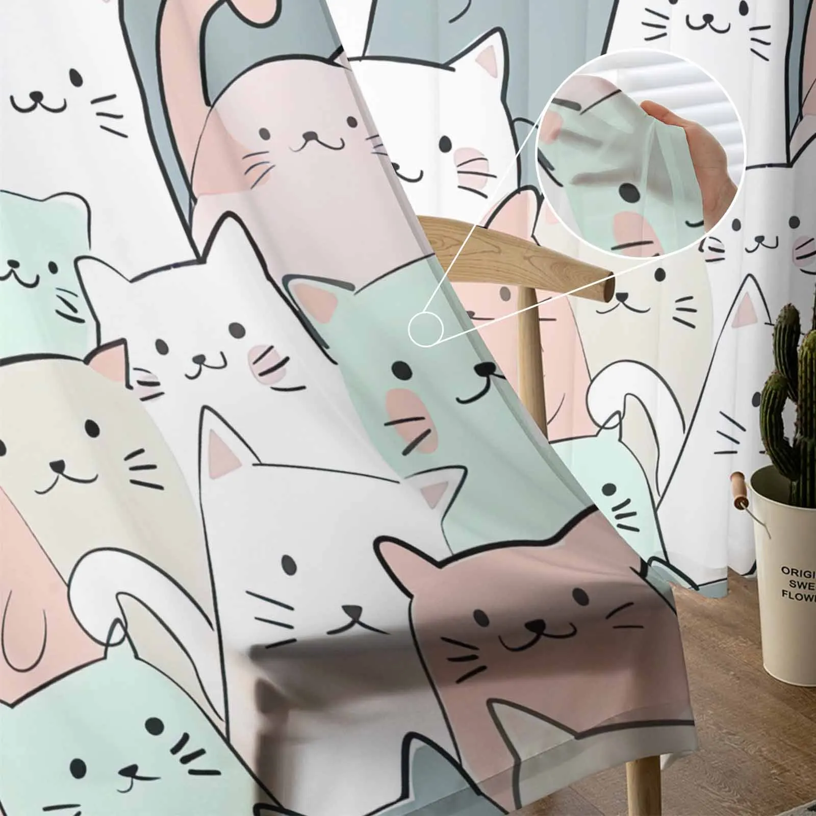 Cat Line Arrangement Hand Drawn Tulle Curtains For Bedroom Home Decor Living Room Kitchen Voile Curtains For Blind