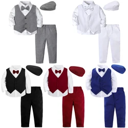 Boy Formal Clothing Set Toddler Baby Wedding Suit Sets Christening Outfit Long Sleeve Shirt Pants Bow Tie with Beret Hat 4 PCS