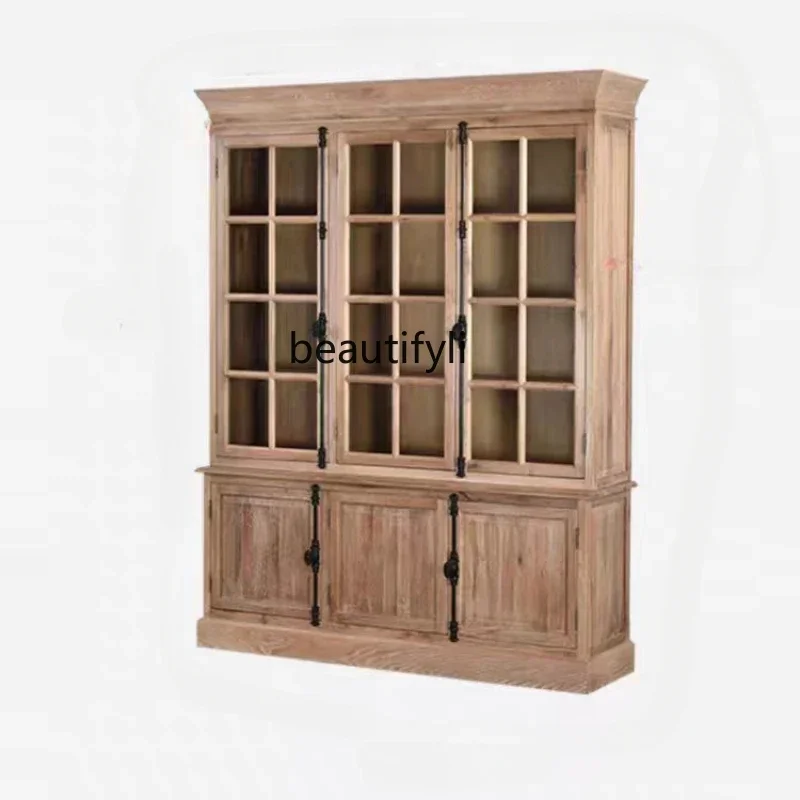 

Custom American Solid Wood Wine Cabinet Country Style Ash Display Cabinet Bookcase Vintage Distressed Storage Side Cabinet