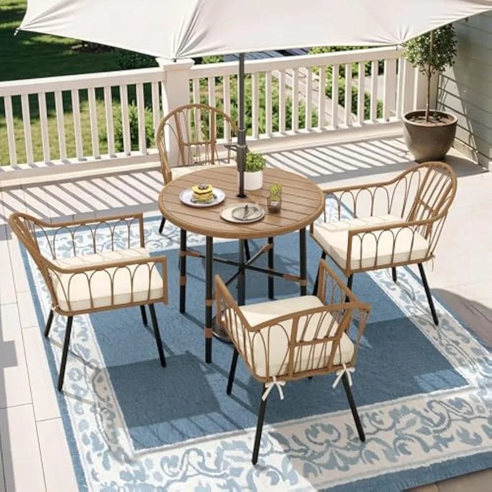

Outdoor Dining Set with 5 Rattan Chairs, Patio Table with Umbrella Hole, All-Weather Wicker Furniture