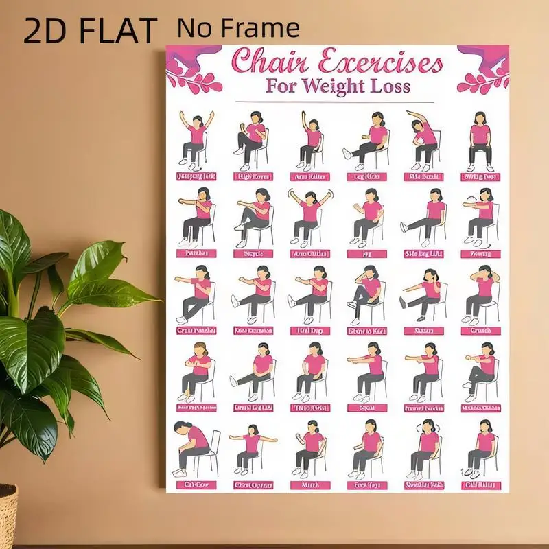 2D Flat Chair Exercises for Weight Loss Wall Art - Pink Cartoon Fitness Guide, No Frame, Home/Gym/Office Decor, Workout Poster f
