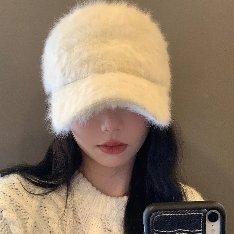 

Trendy Ins Solid Color Rabbit Hair Baseball Caps Women Autumn And Winter Korean Versatile Warm Show Face Small Plush Peaked Caps