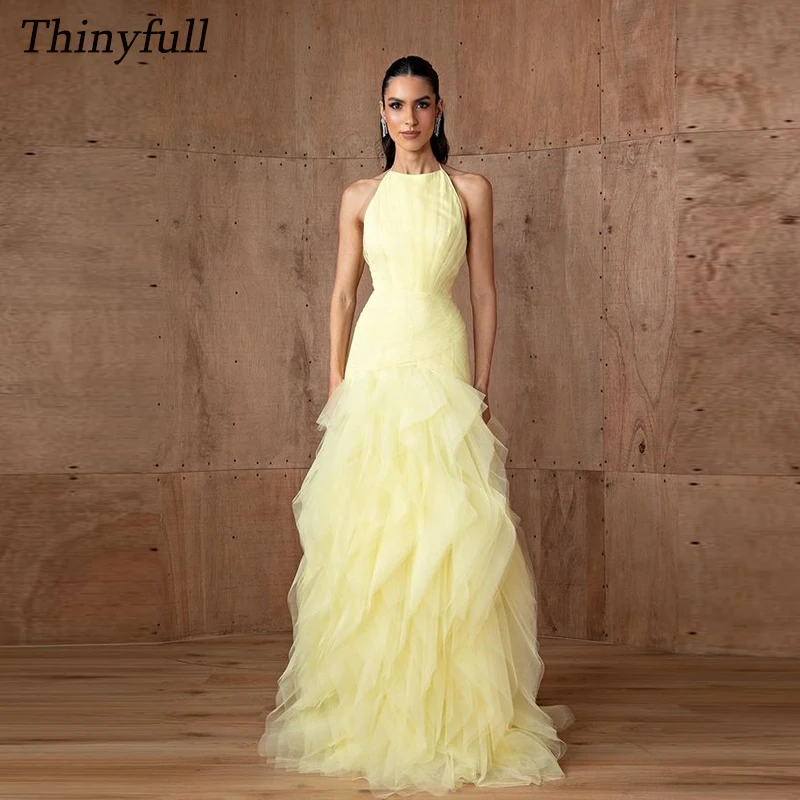 

Thinyfull A-line Tulle Evening Dress Halter Sleeveless Prom Party Dresses Ruffles Long Formal Occasion Dress Customized