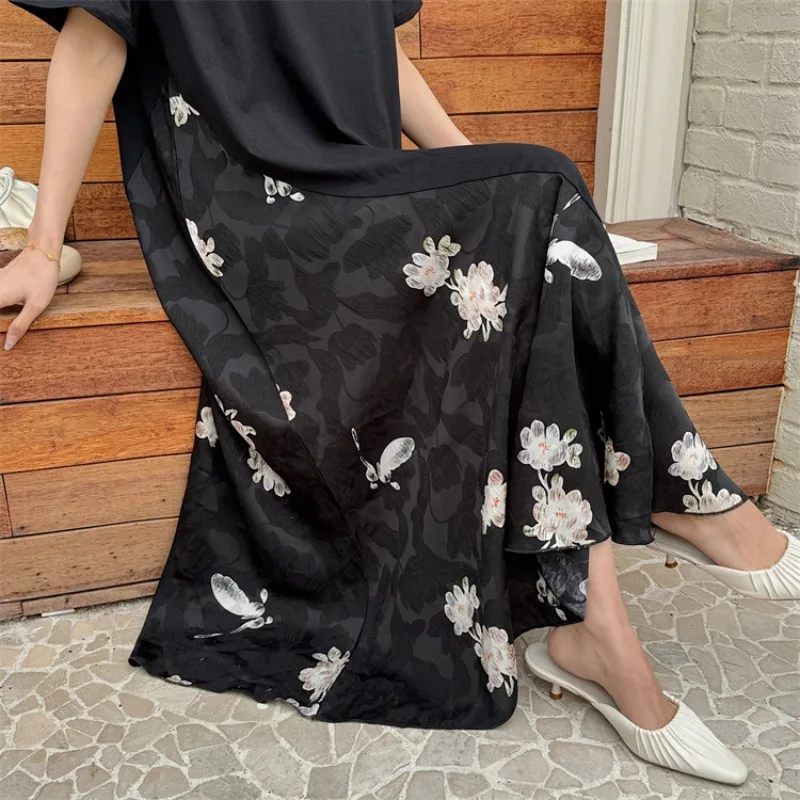 Abiti estivi da donna Edizione coreana Nuovo casual sciolto jacquard in raso stile cinese falso abito in due pezzi a maniche corte donna