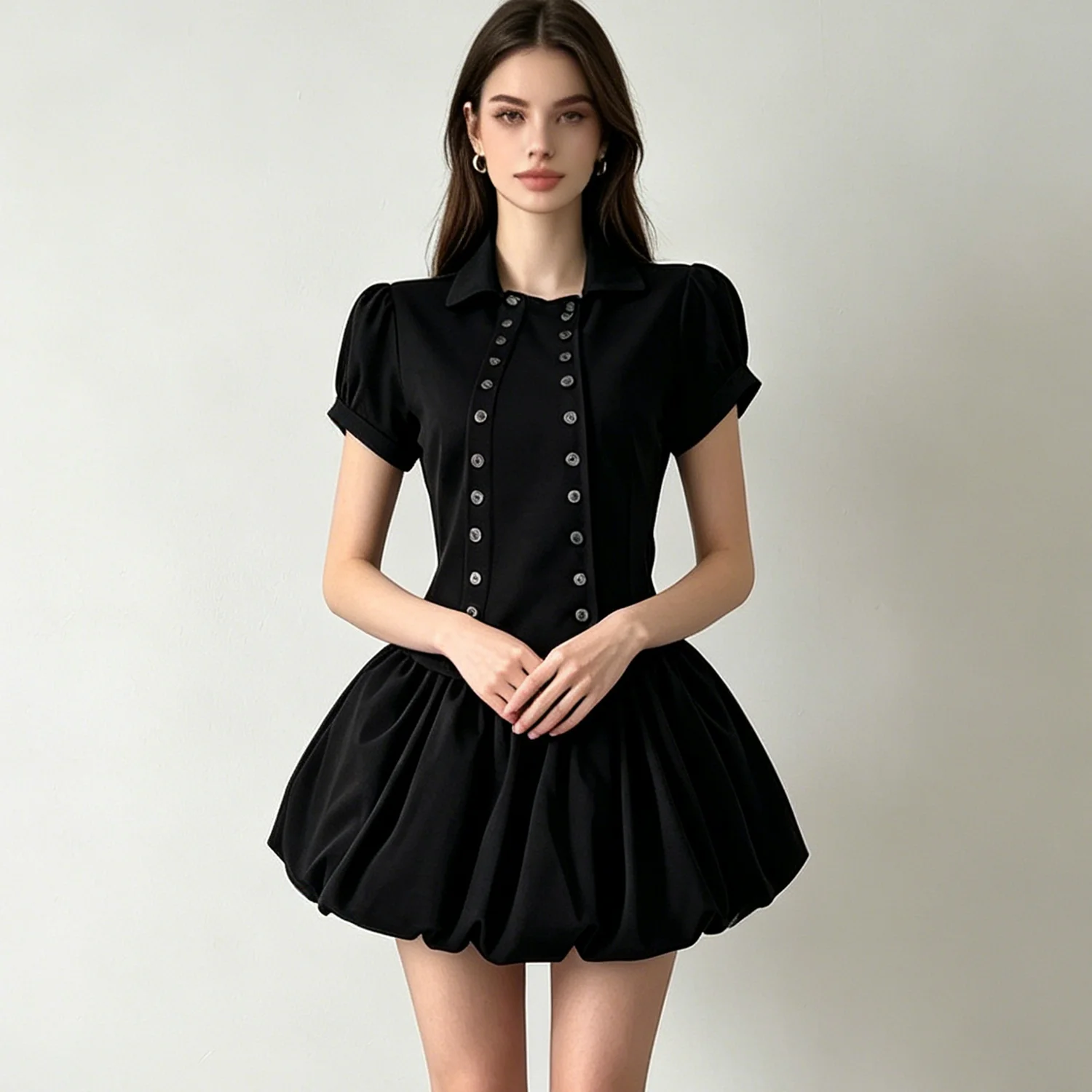 

LIMO 2026 Elegant Black Double Breasted Puff Sleeve Top, Bubble Skirt Set Retro Slim Fit Casual Dress for Women