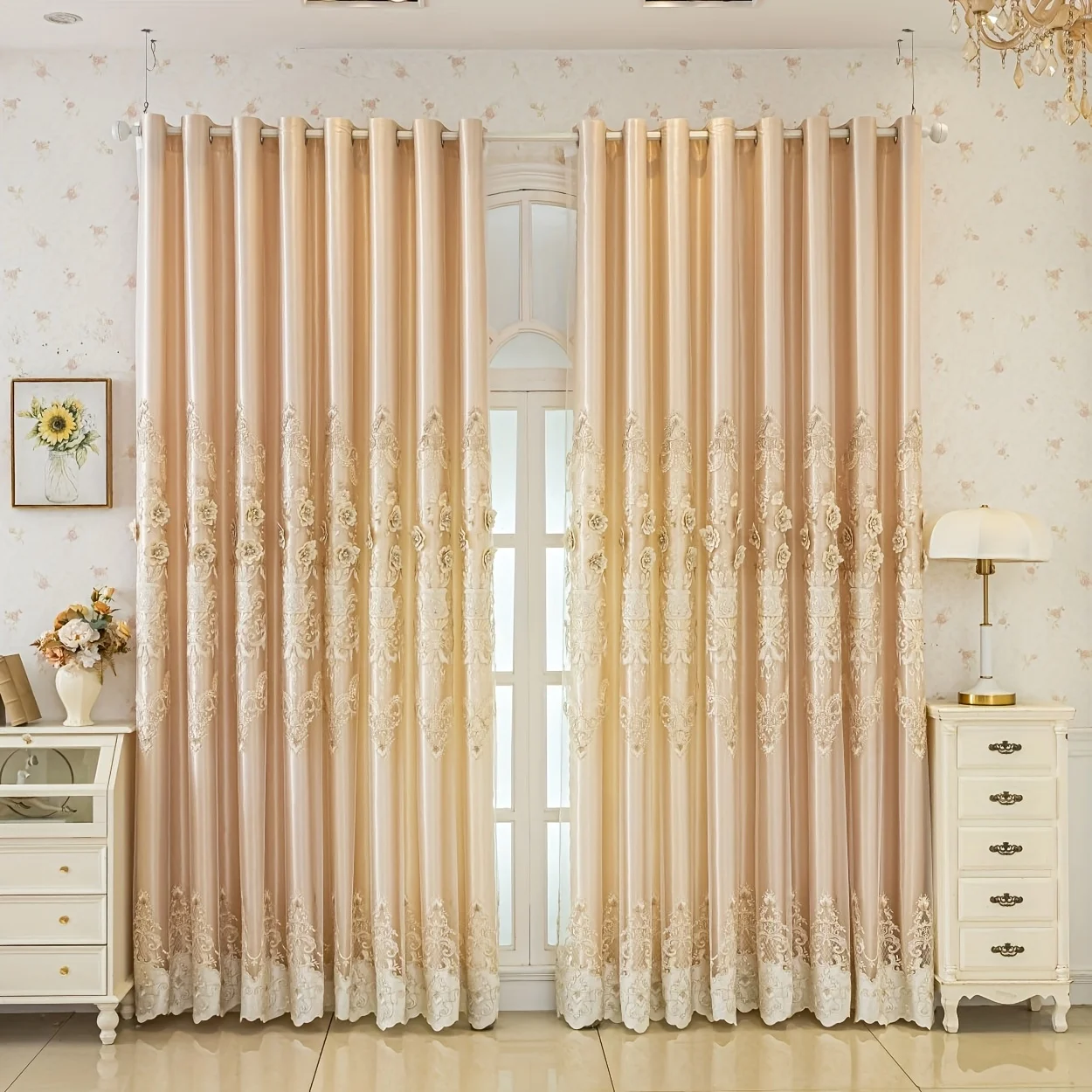 1pc European High-End Water-Soluble 3D Relief Vase Pattern Embroidered Sheer Fabric Curtain, Thickened Sunshade Drapes for Livin