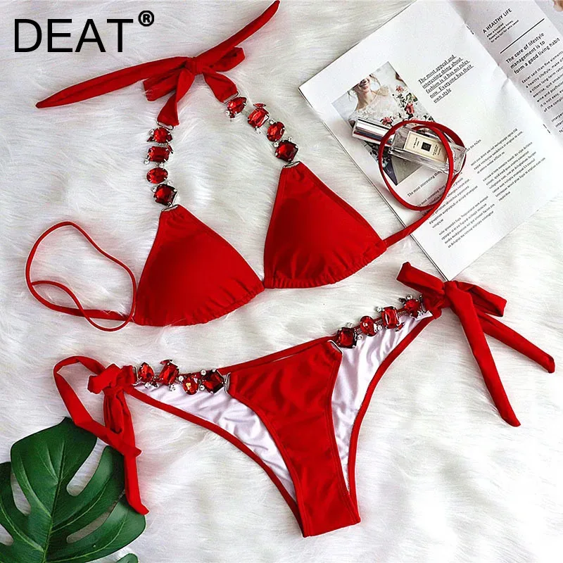 DEAT Solid Color Beach Vacation Bikini For Women 2024 Summer New Fashion Split Strap Chain Accessories Swimsuit Female 11XX9102