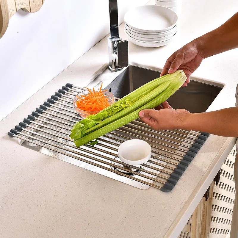 

Silicone EdgE With 304 StainleSS Steel Drainage Pad Kitchen Storage Rack Foldable Sink RolleR Shutter