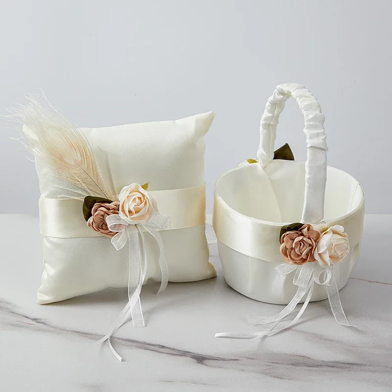 1PC Ivory Flower Girl Basket and Ring Bearer Pillow with Flower for Wedding Party Decoration Wedding Supplies