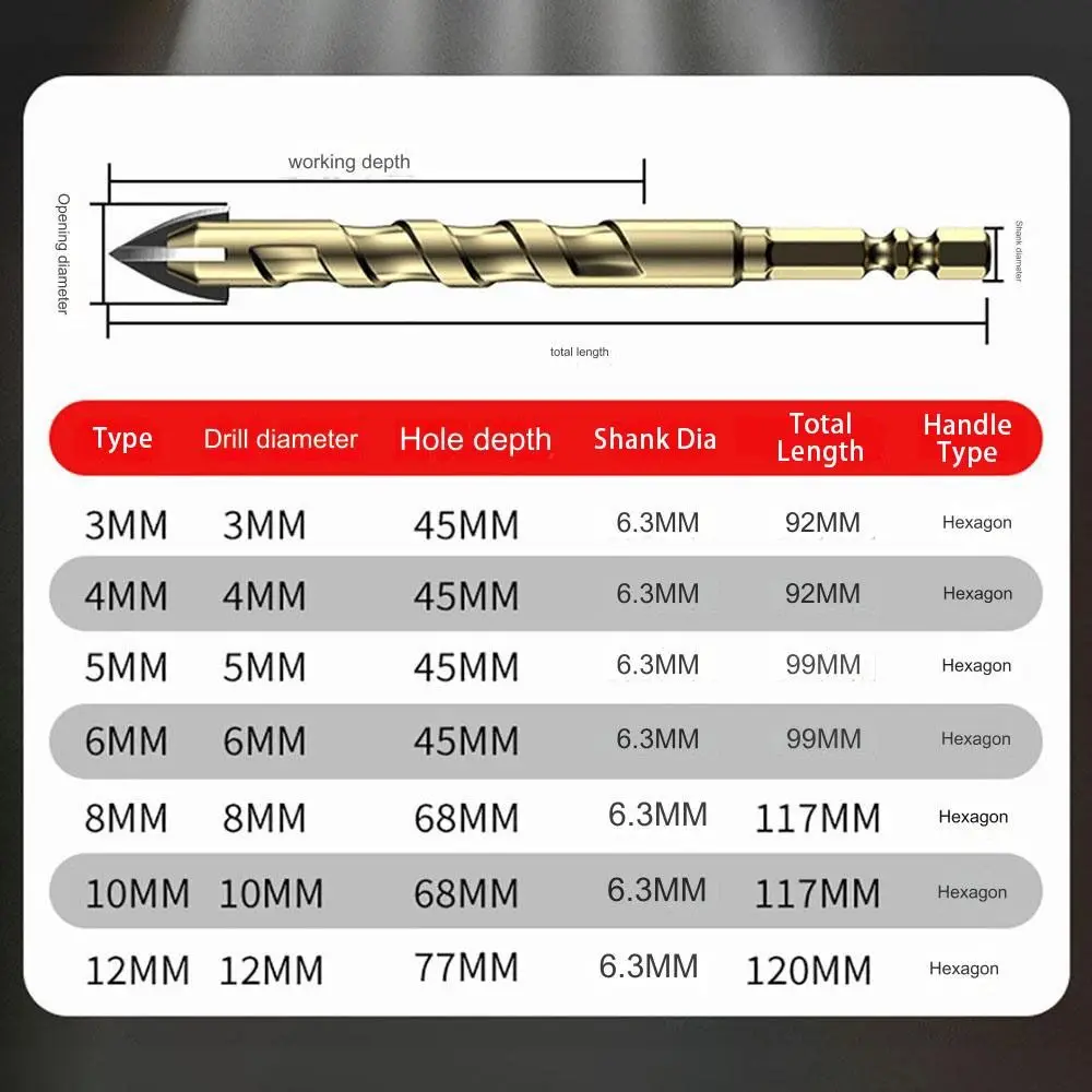 1Pcs 3-12mm Cross Hexagon Tile Drill Multifunctional Four-edged Drilling Tool Concrete Hole Opener Cross Tile Drill Bit