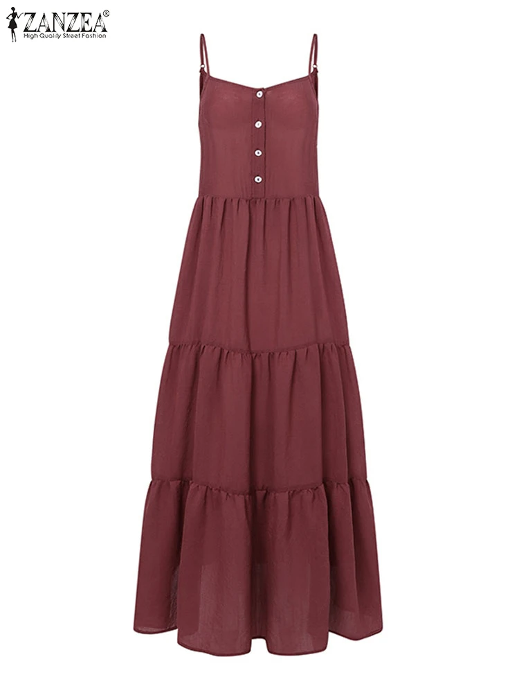 Zanzea feminino casual a linha maxi vestidos de férias cor sólida em camadas solto longo vestido de verão cintas de espaguete verão 2024 vestido deslizamento