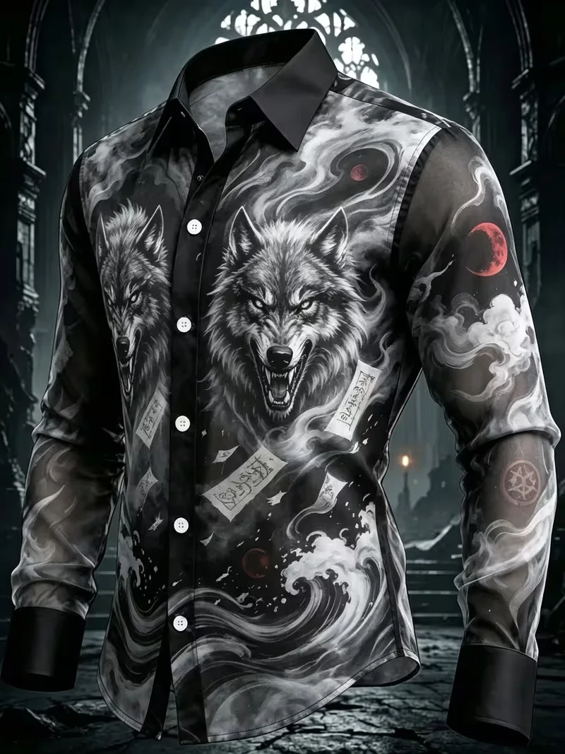 New Fun Christmas Theme Men's Collar Shirt Cartoon Ghost Lantern Snowflake Full Print Long Sleeve Men's Top