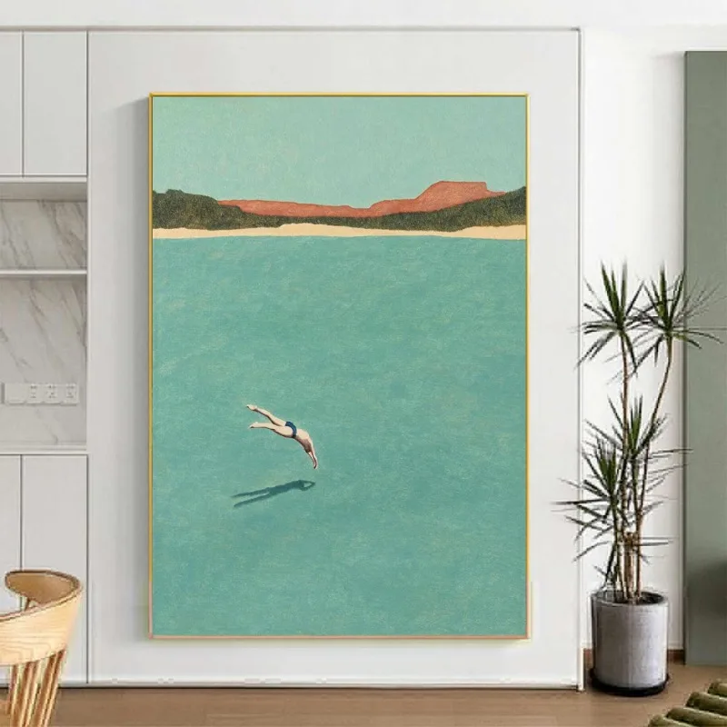 السباحة في البحر الأخضر المحيط المشارك خمر الأخضر الحد الأدنى المشهد عطلة البحر حائط لوح رسم ديكور فني للمنزل