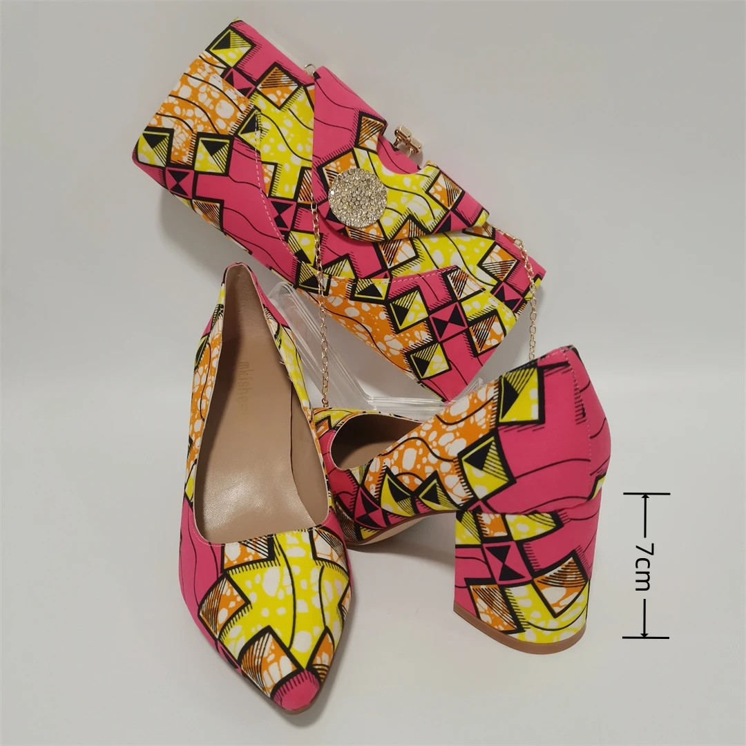 High Quality Stylish African Cotton Wax made Banquet Clutch and Chunky High Heel Shoes Suit for Wedding Ankara Wax Bag Y1031-5