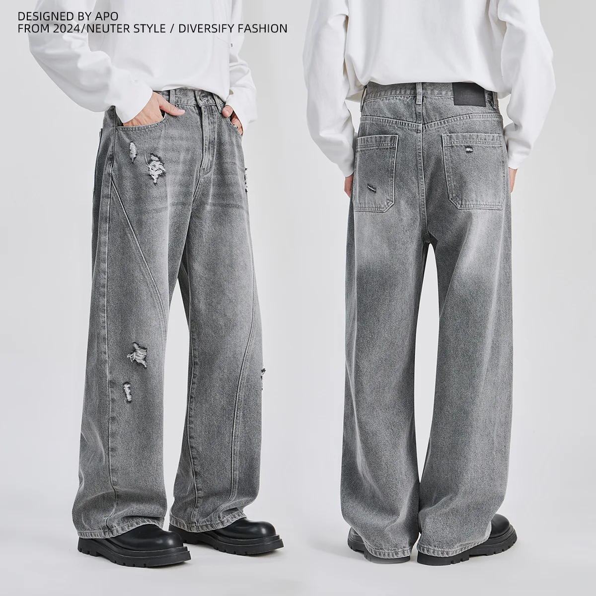 

American High Street Sle Men's Jeans Loose Straight Leg Worn Waed Hole Vintage Feeling Korean Version APO Autumn Cotton