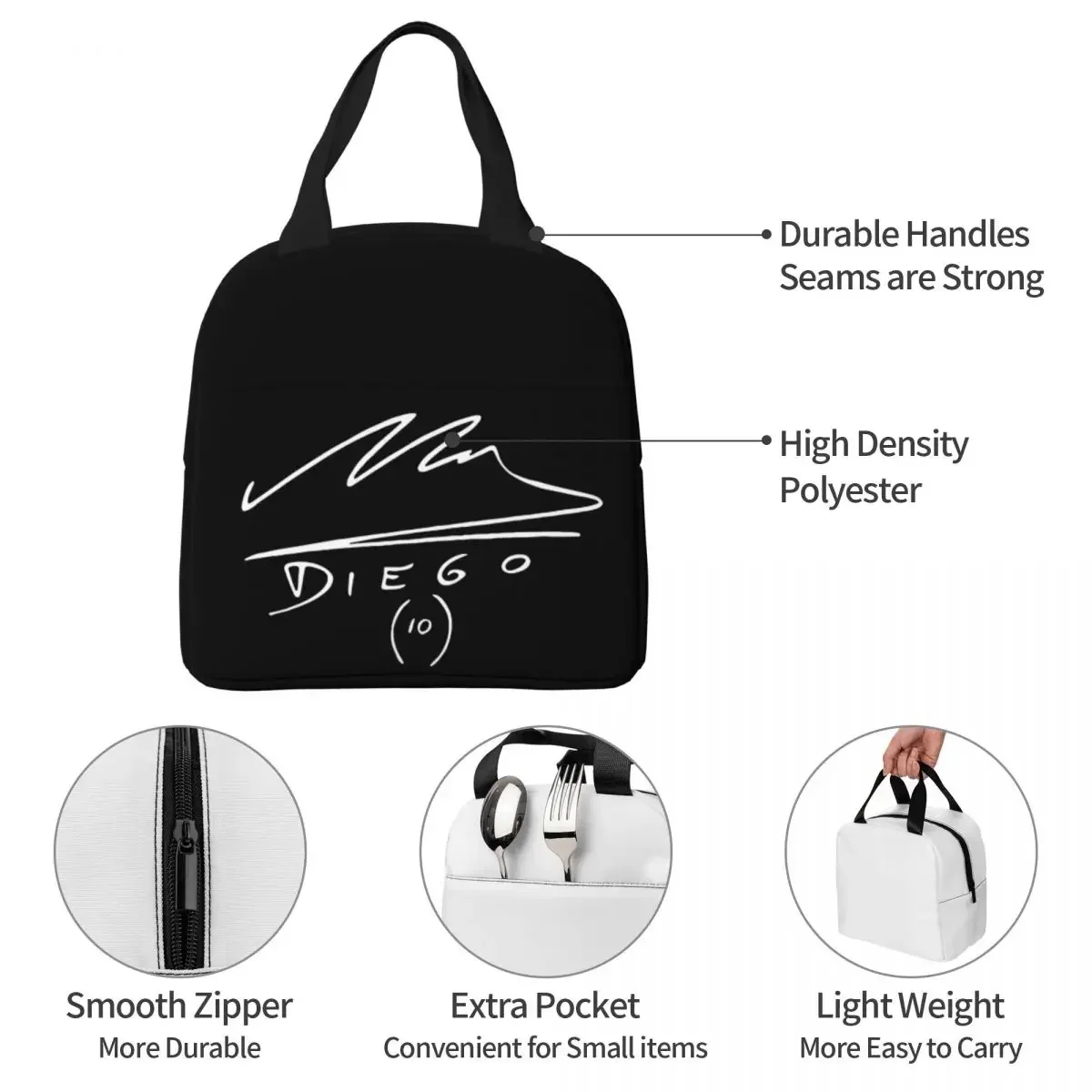 Diego Armando DIOS Insulated Lunch Cooler Bag Lunch Container Maradona Argentina Football Soccer Legend Tote Lunch Box Food Bag