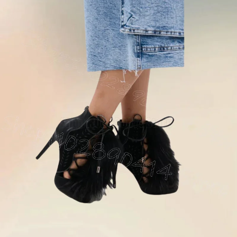 

Black Fur Patchwork Cross Tied Sandals Boots Lace Up Women Shoes Thin High Heels Fashion Party Banquet 2025 Zapatos Para Mujere