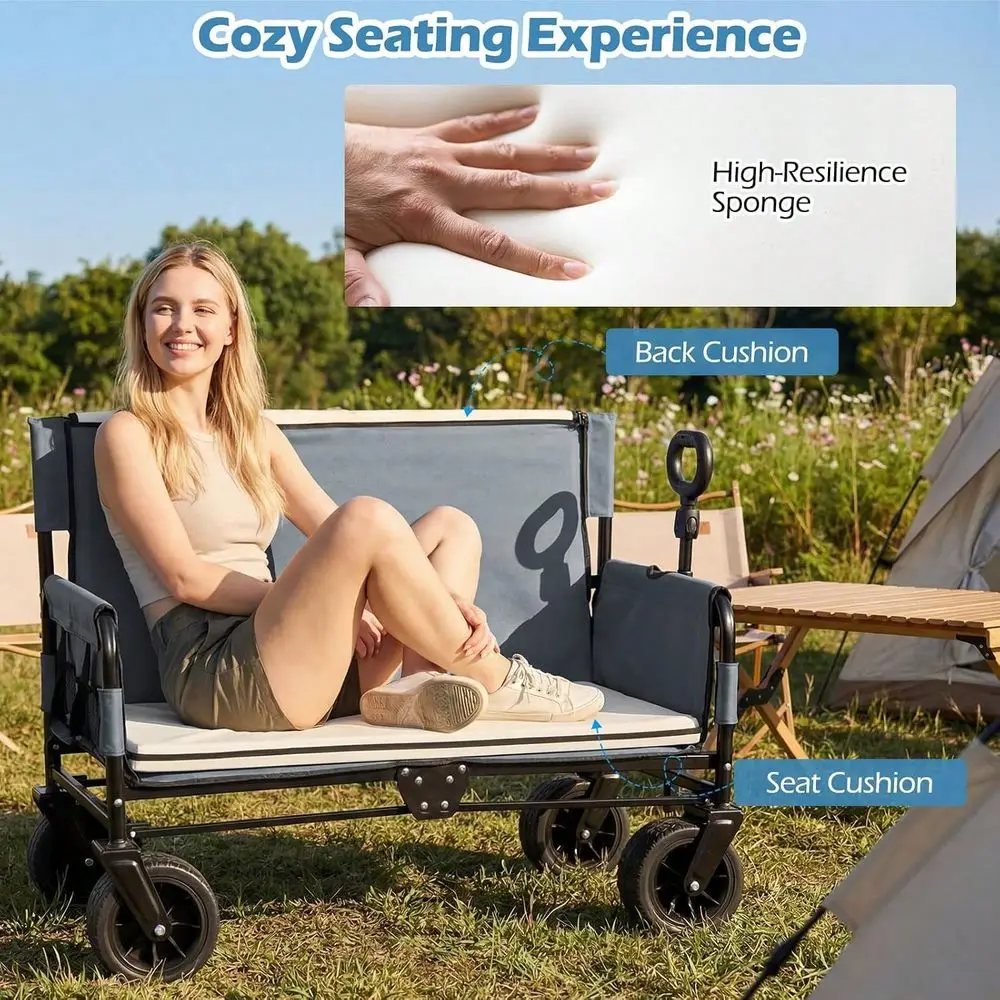 Wagon Bench Seat Combo, Collapsible Folding Beach Cart With Adjustable Push Pull Handle, Soft Cushions AllTerrain Wheels, Heavy - view 4