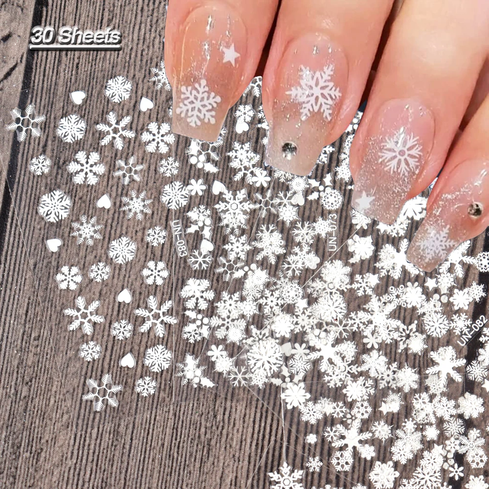 30 Sheets Christmas Nail Art Stickers Self Adhesive 3D White Snowflake Nail Decals Xmas Nail Supplies Christmas Manicure Sliders