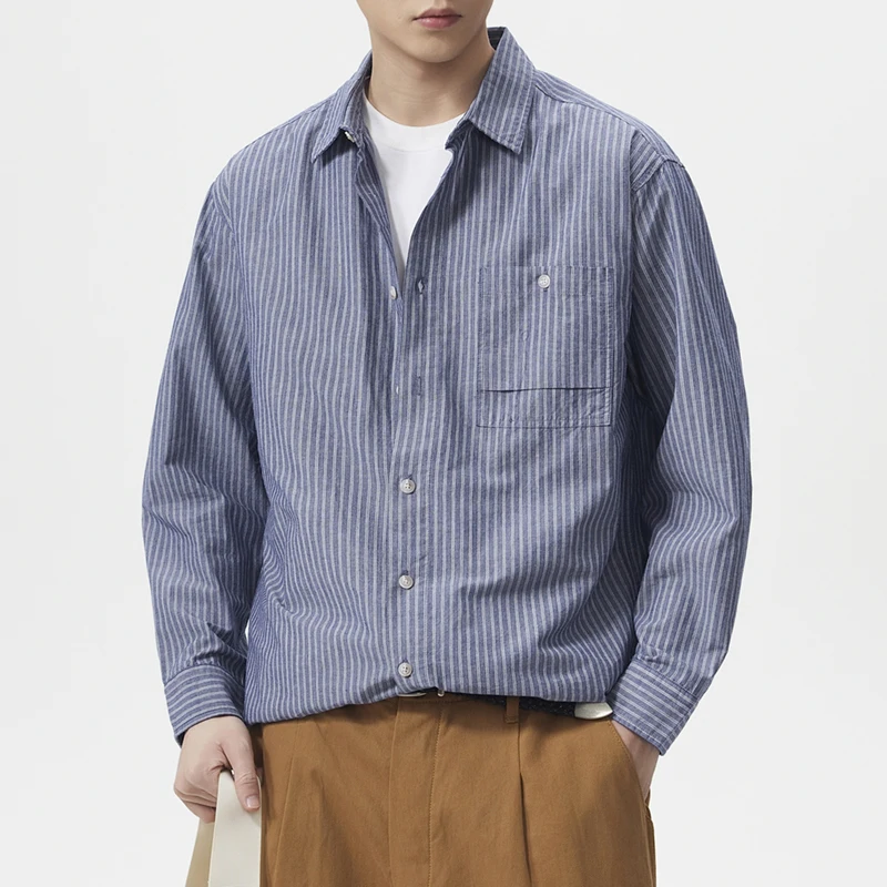 Old Money Simple Fashion Vintage Stripe Shirt Men Business Casual Commute Loose Long Sleeve Cotton Linen Shirts Male Clothes
