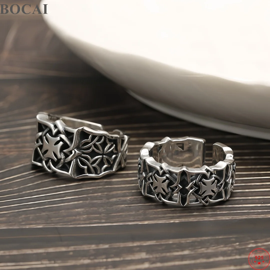 BOCAI New S925 Sterling Silver Charms Rings for Men Women Antique Hollow Eternal Rattan Cross Pattern Ring Fine Choice Jewelry
