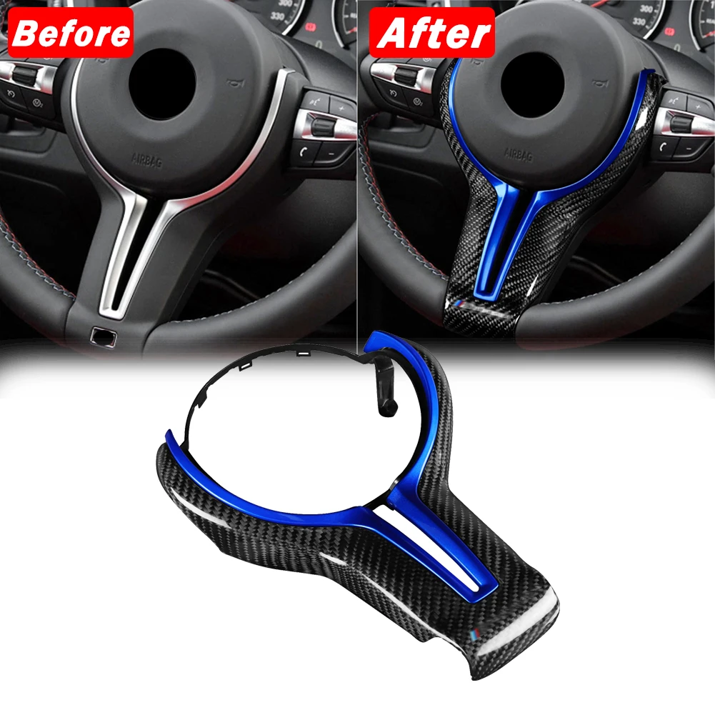 Carbon Fiber Steering Wheel Cover+Blue Inner Trim for BMW M2 M3 M4 M5 M6 X5M X6M