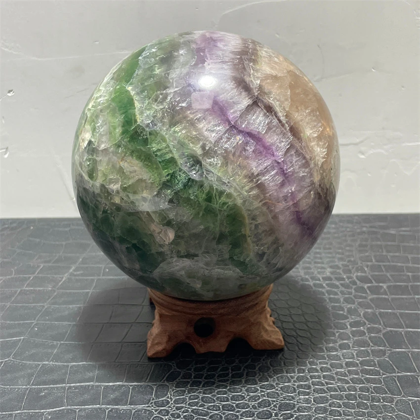 Fluorie Sphere Ball Stone Quartz Crystal Natural Reiki Mineral Spiritual Meditation Specimen Flash Healing Home Decoration+Stand
