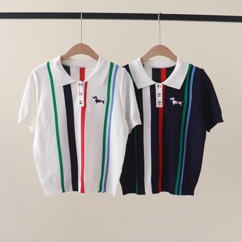 

Summer new style college style color vertical stripes POLO collar dog embroidered short-sleeved knitted T-shirt shirt slim