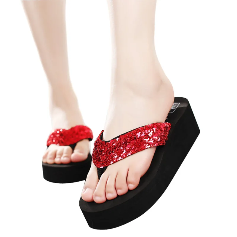 Cool in the summer of  fashion slippers high platform with sponge antiskid slippers with sequins wedges beach flip-flops