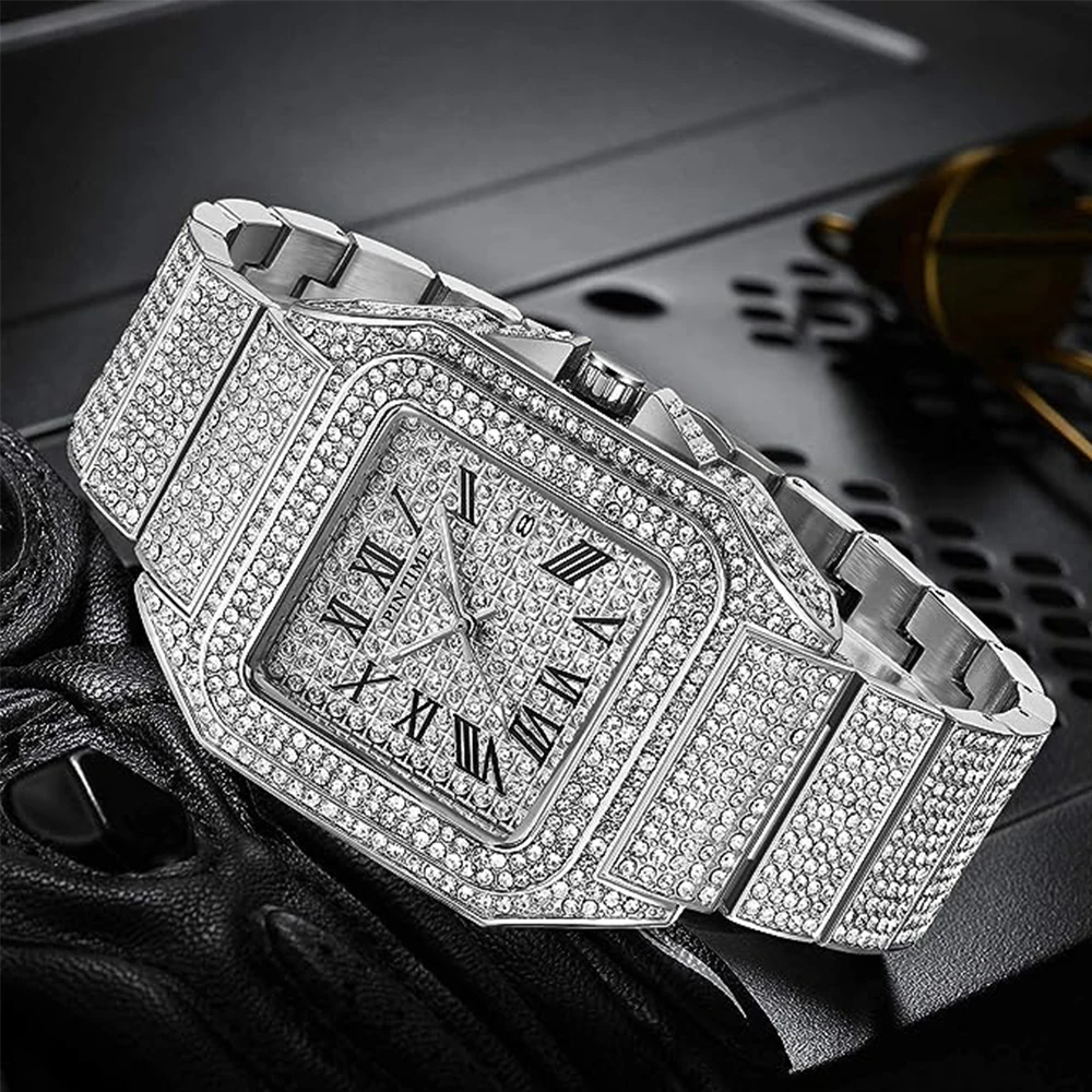 Hip Hop Watch for Men Bling Iced Out Diamond Square Quartz Wristwatch Waterproof 30m Calendar Clock Stainless Steel Montre Homme