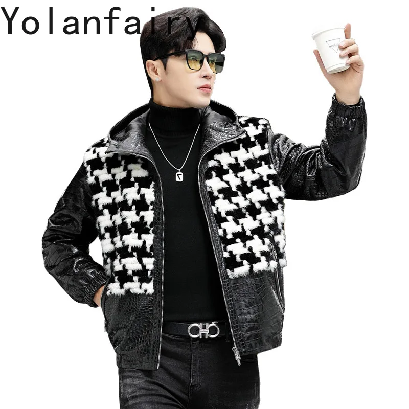 YOLANFAIRY Sheepskin Real Mink Fur Jacket Mens 90% Goose Down 10% Goose Feather Coat Genuine Leather Winter Mens Clothing Short