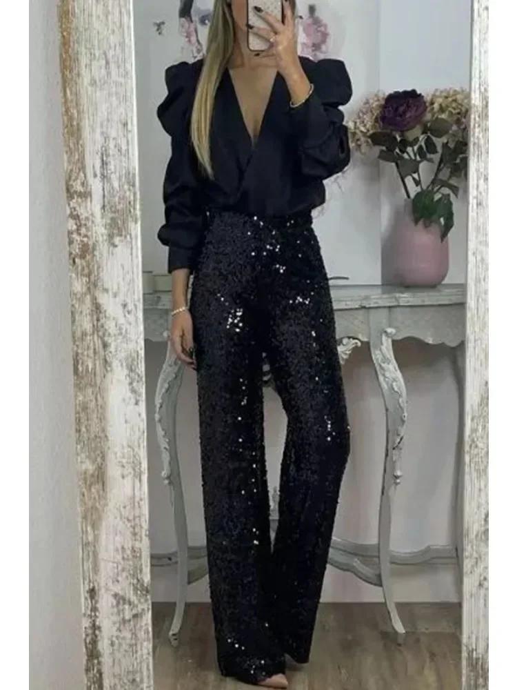 Fashion Spring/Summer Women\'s Sequin Flare Pants Casual Slim Fit Elastic Flare Pants Versatile Solid Color Micro Flare Pants