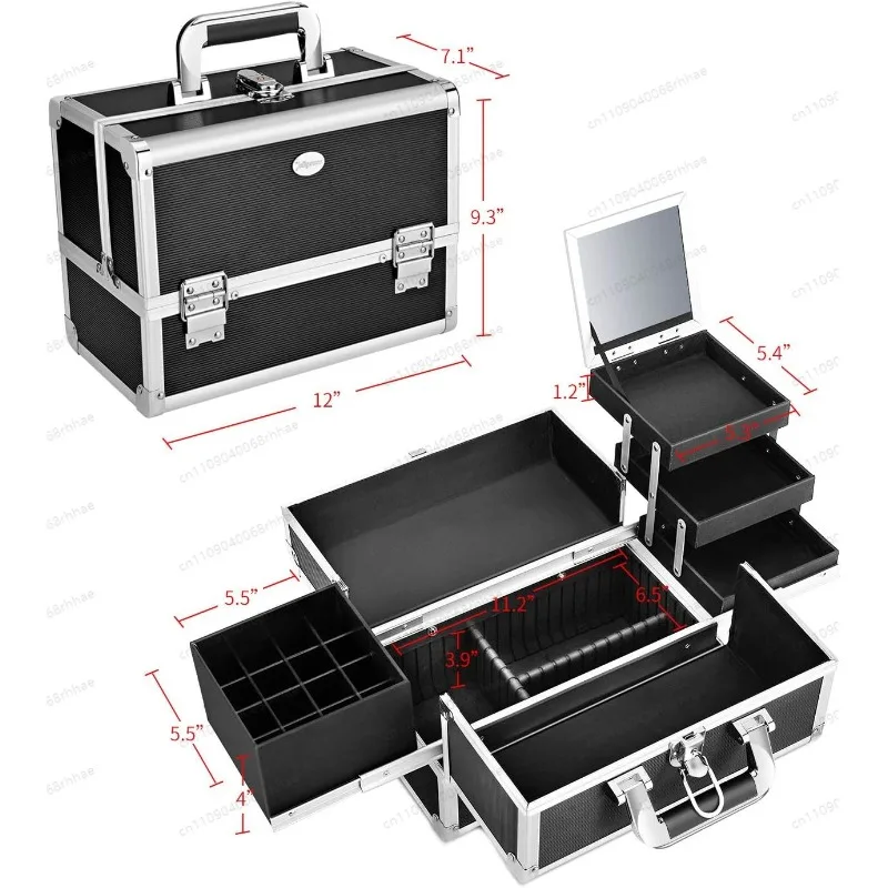 Black Aluminum Fashion Makeup Case Mirror Portable Nail Storage Case Travel Storage Case Suitable for Makeup Artists