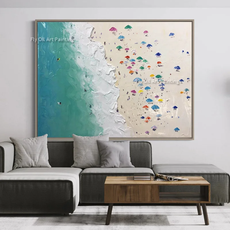 اليدوية الحديثة الأخضر الأبيض المناظر البحرية الفني الصيف نشاف البحر قماش الفن الناس يلعبون على الشاطئ لوحة زيتية سميكة للديكور