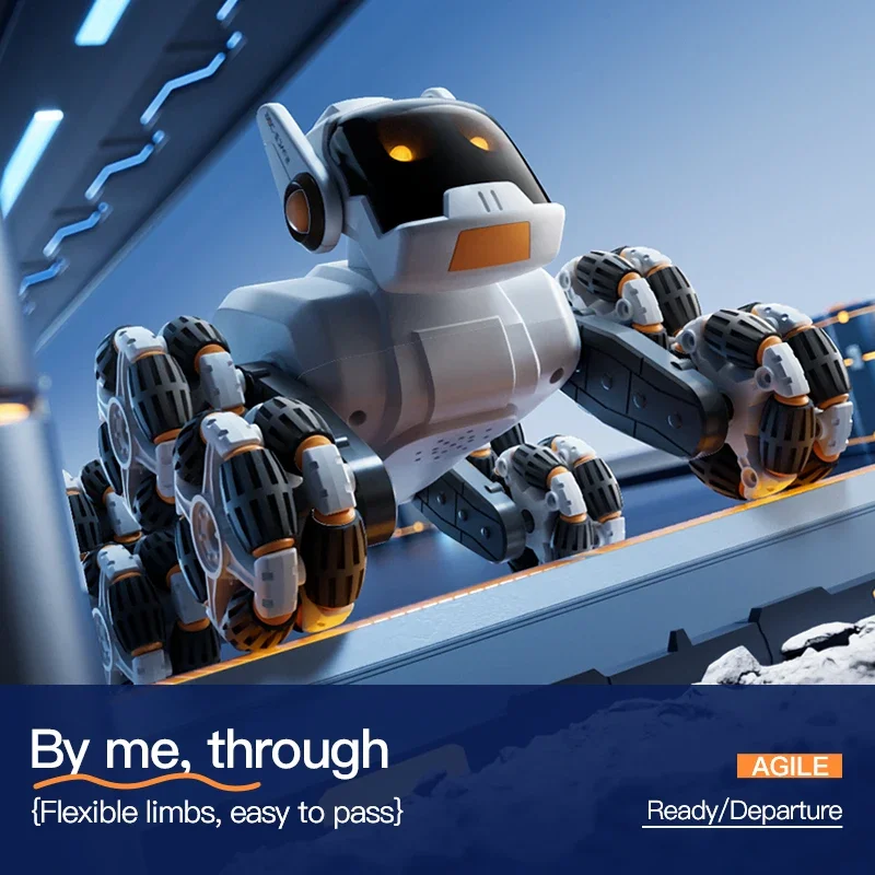 Intelligent Electric Machine Dog Eight Wheeled Tail Spray Stunt Action Remote Control Robot With Four Skills Children's  kid Toy