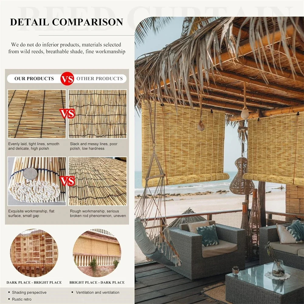 Roller Shading Blinds Reed Curtain Shutters Lifter Outdoor Shades Wooden Natural Blinds Window Curtain Kitchen Balcony Tea Room