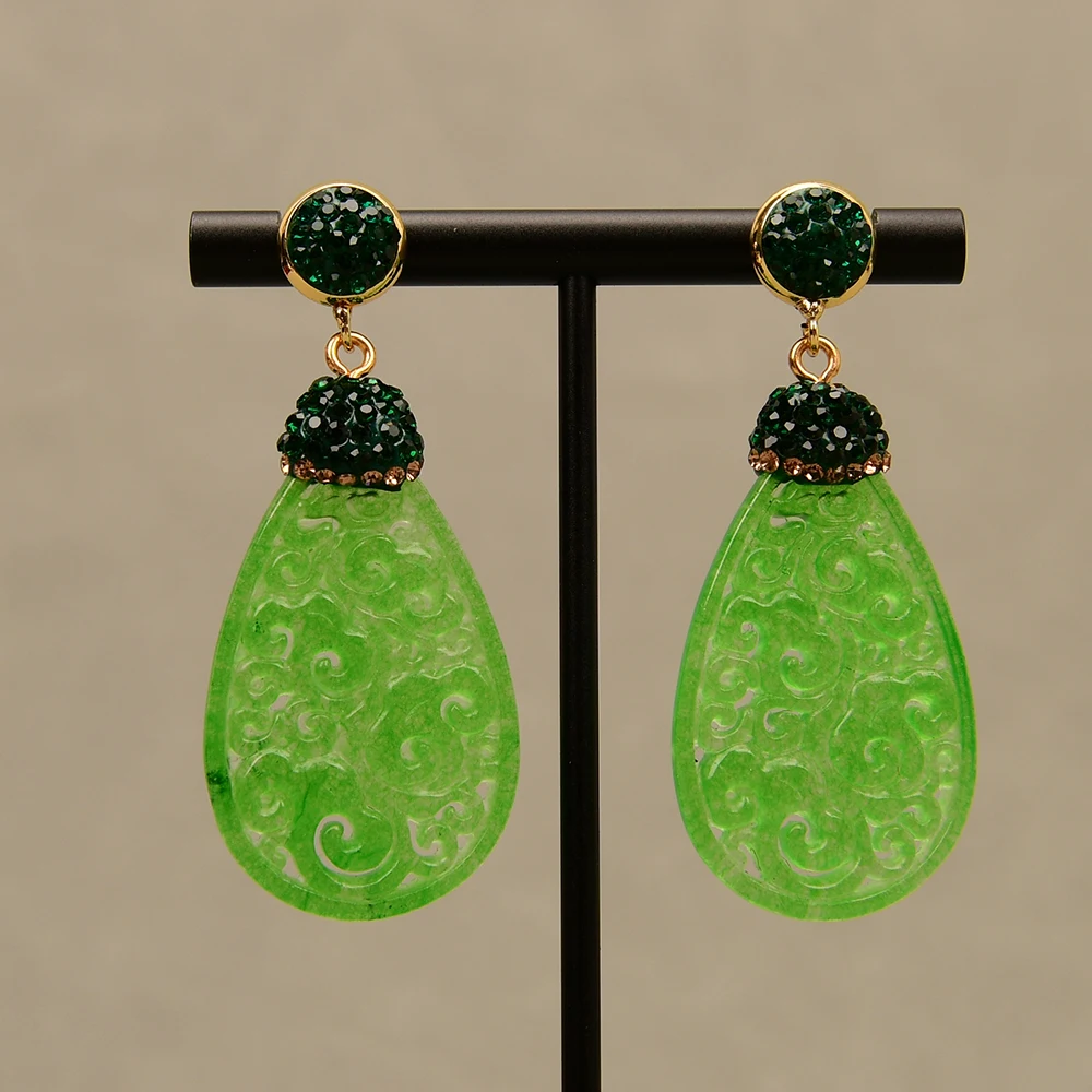 GG Green Jade Rhinstone Pave Green Crystal Danlge Earrings Fashion Jewelry Wedding Earrings