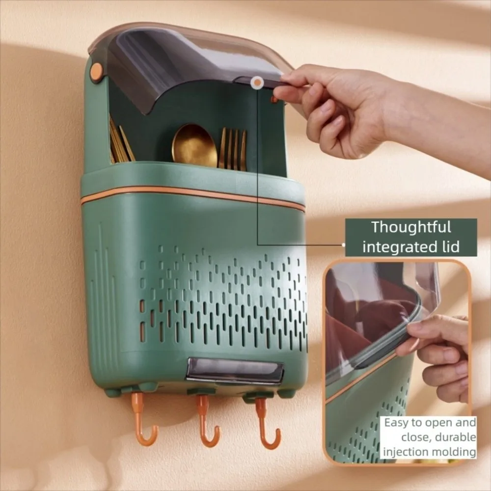 

Wall-Mounted Utensil Organizer Dustproof No Punching Spoon Fork Chopstick Storage Box Flip Top Cutlery Drain Rack with Cover