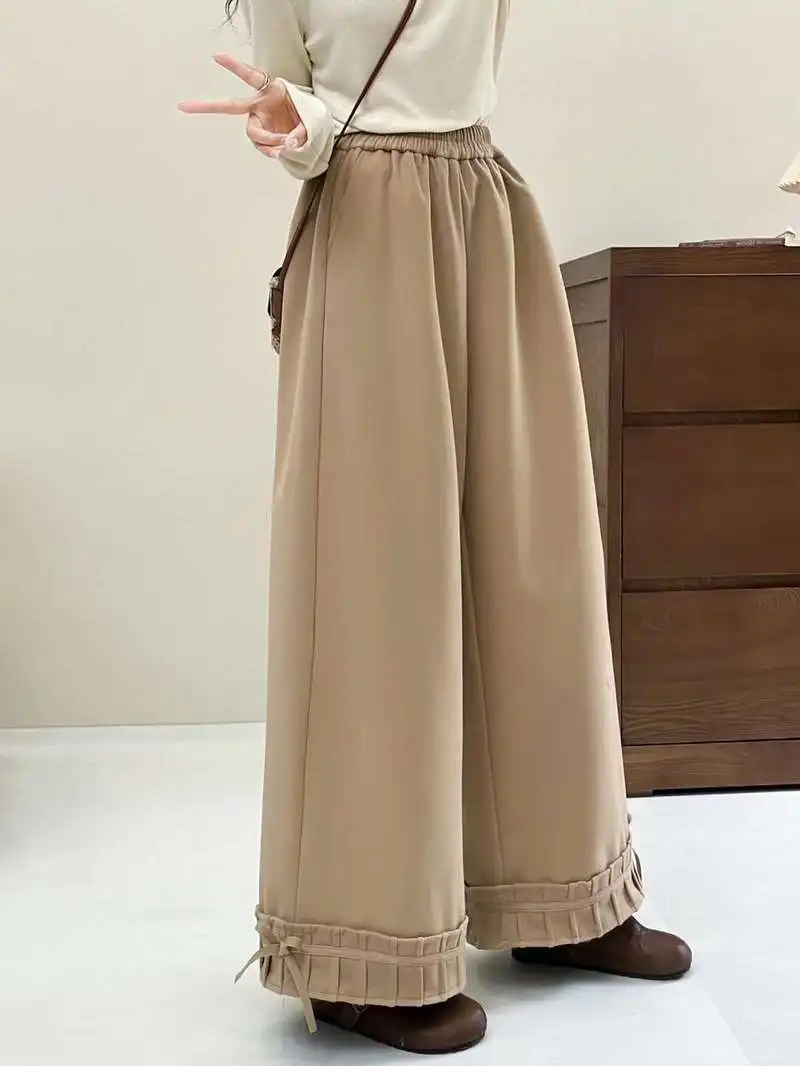 New 2025 Autumn Cotton Thicken Pants, Women Elastic Waist Flods Bow Patchwork, Mori Girl French OL Casual INS Trousers B5N230CC