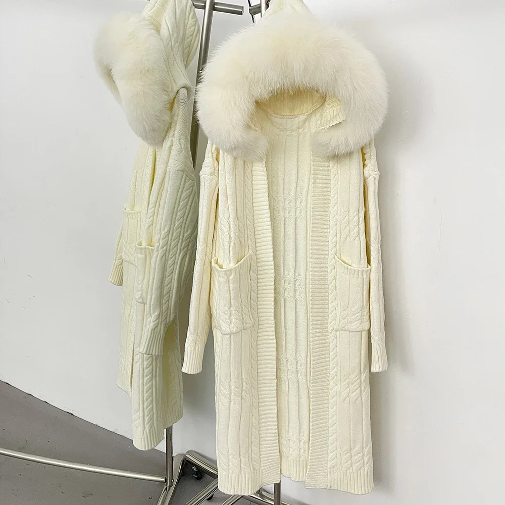 

Fox Fur Knitted Cardigan Reality Fur Coat Women Thick Knitwear Hooded Long Sweater New Spring Autumn Real Fur Knitwear Oversized
