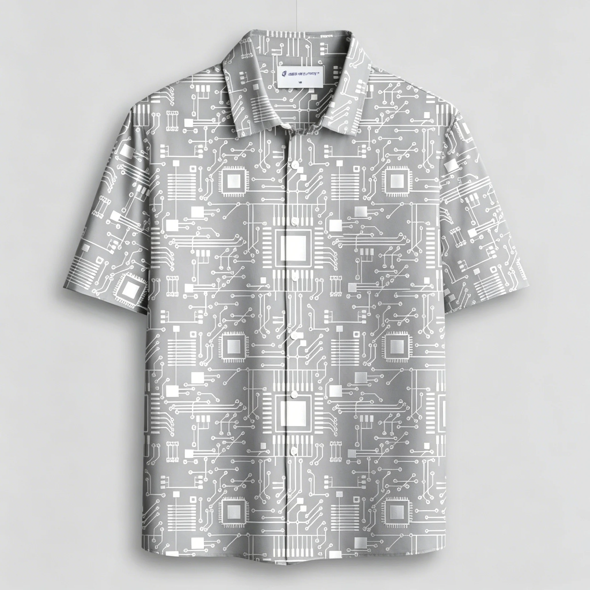Chemise décontractée à manches courtes pour homme, imprimée avec un motif de circuit imprimé, style cyberpunk, coupe ample, pour un look technologique.