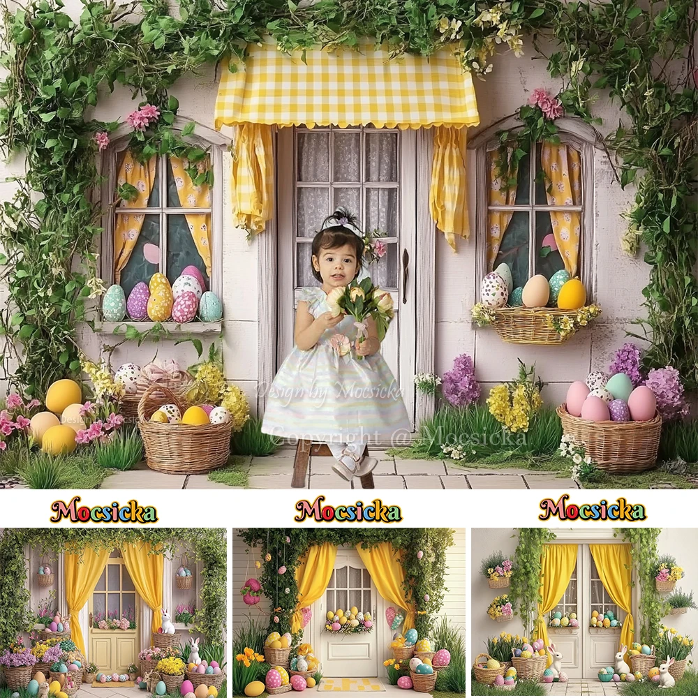 خلفية تصوير لعيد الفصح لعرض الطفل، ستائر صفراء، باب خشبي ريفي، خلفية على شكل بيضة زهرة، صورة عيد ميلاد للأطفال في الربيع