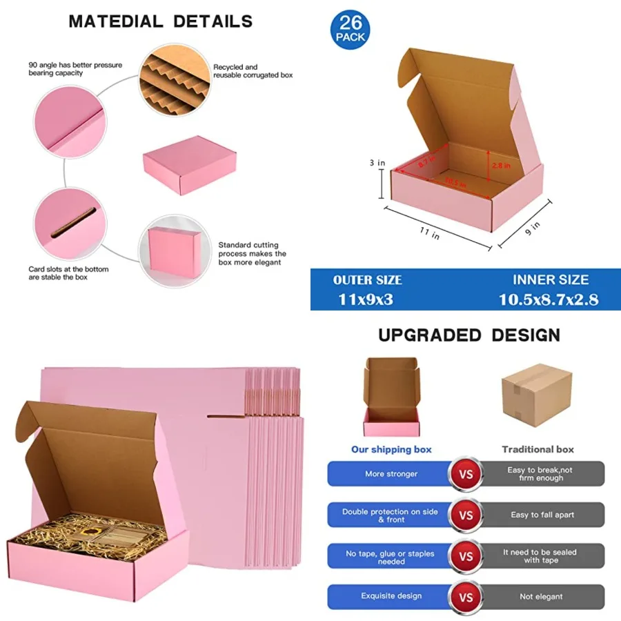 

26 Pack 11x9x3 Pink Shipping Boxes Corrugated Cardboard Mailer BoxLiterature Mailer for Small Business