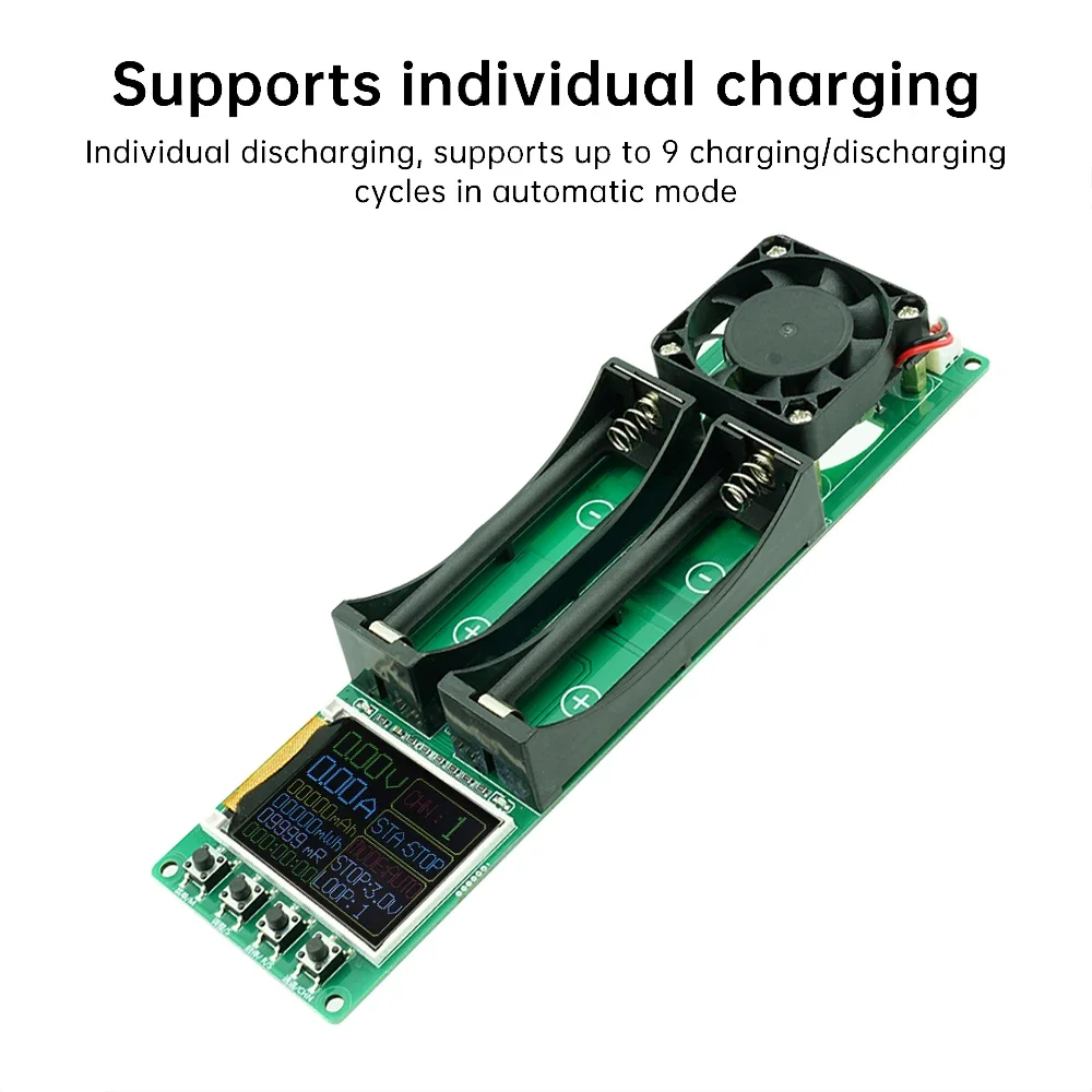 เครื่องทดสอบความจุแบตเตอรี่ 2-CH 18650 21700 หน่วย MAh MWh แบบดิจิตอล พร้อมฟังก์ชันวัดค่าความต้านทานภายใน รองรับการชาร์จและคายประจุ 1A พร้อมพัดลมระบายความร้อน