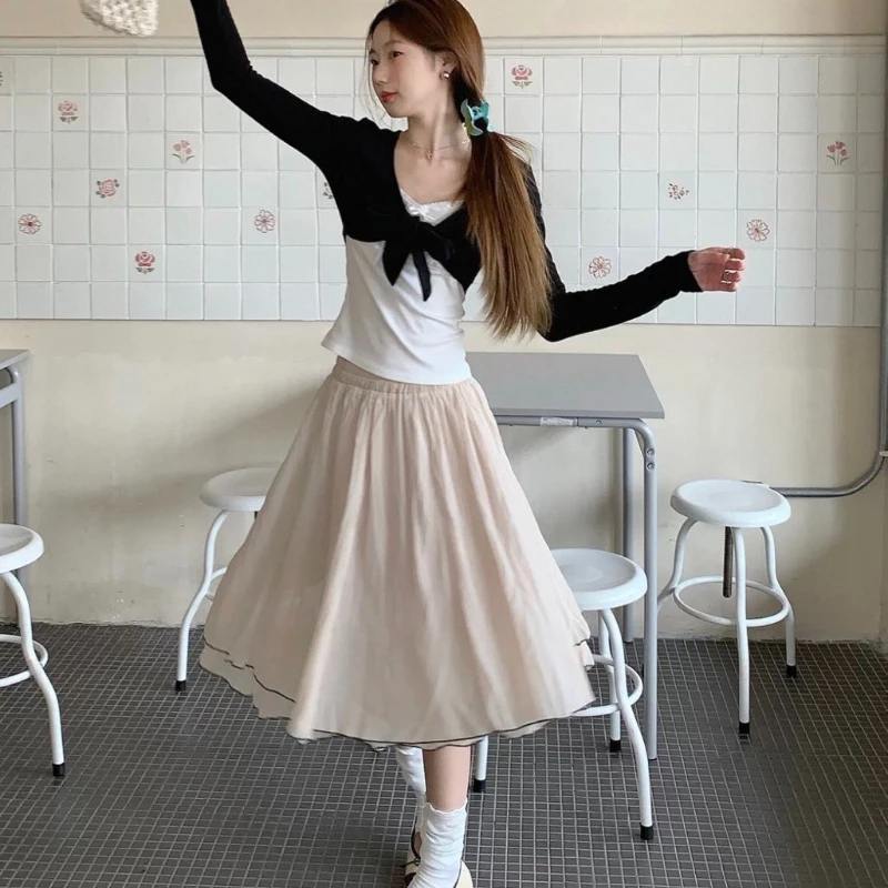 

Deeptown Elegant Korean Style Skirt Women Sweet Coquette Fashion Tulle Ruffle Skirts Vintage High Waist Layered Skirt Streetwear