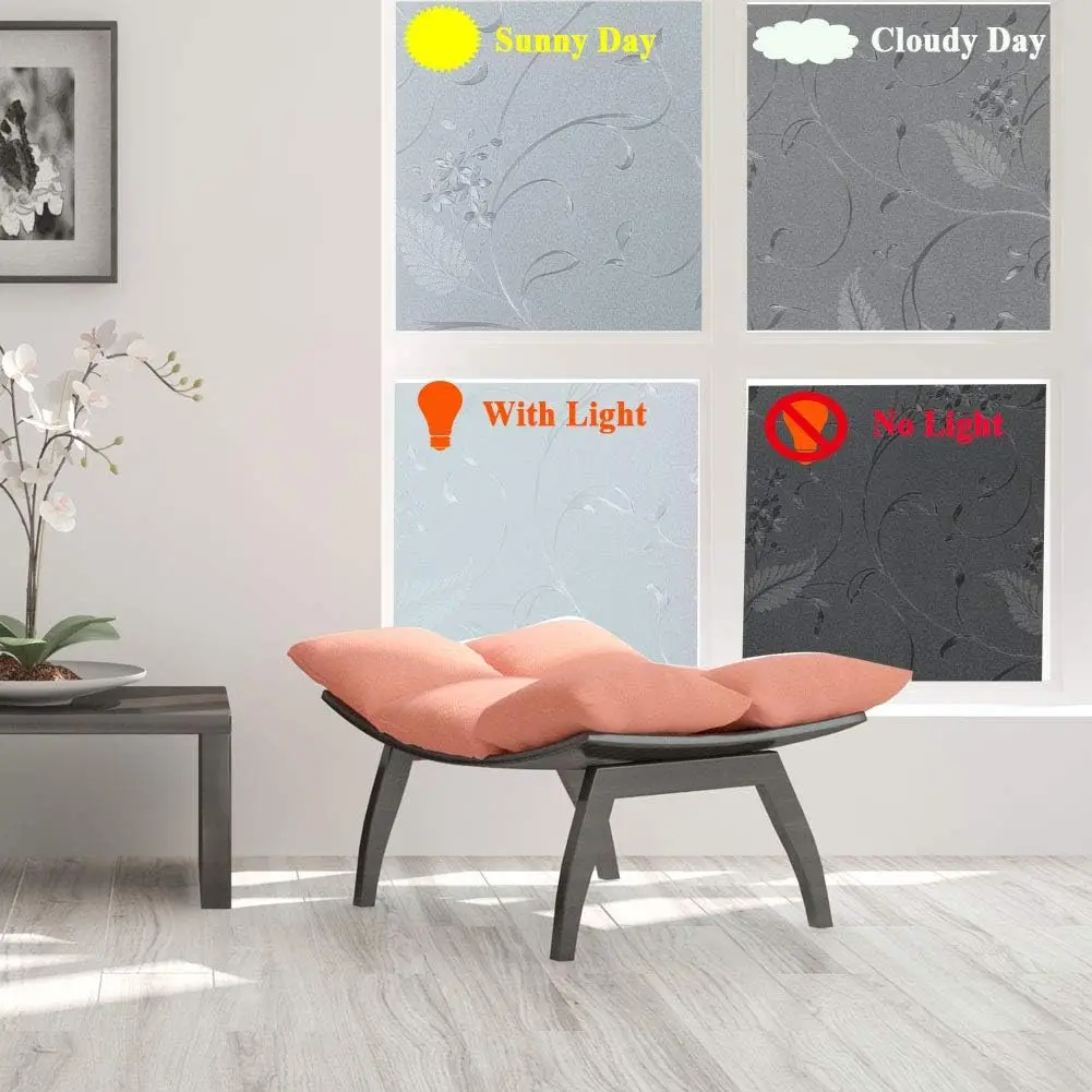 Privacy Window Film Etched Flowers Static Cling Glass Door Film Non Adhesive Heat Control Anti UV Window Cling for Home
