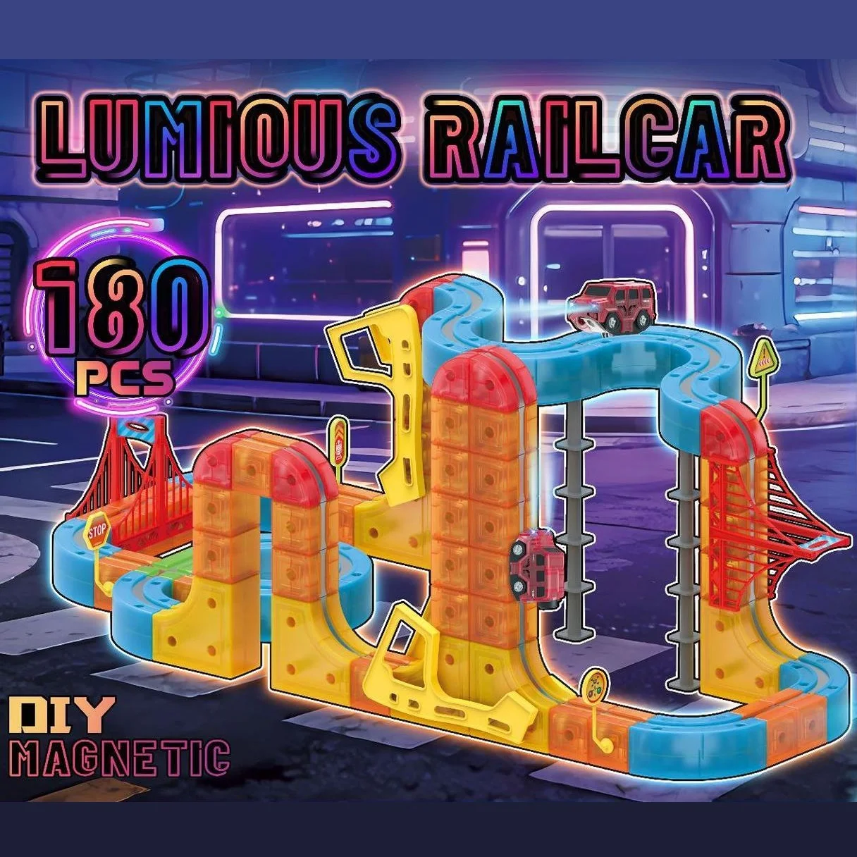

2026 Viral Toy DIY Magnetic Track Building Blocks Set Luminous Version Anti-Gravity Electric Car STEM Educational Toys for Kids