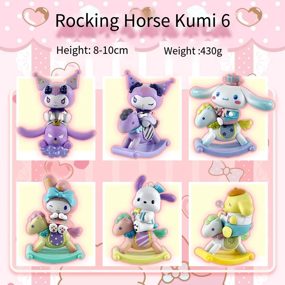 

6Pcs/Set Sanrio Kuromi Melody Pachacco Rocking Horse Series Toys PVC Action Figure Model Desktop Ornament Collection Decor Gifts