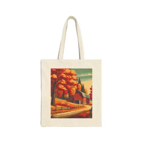 Sindax Cotton Canvas Tote Bag Fall Country Scene with Barn Design 14, Gift, Everyday